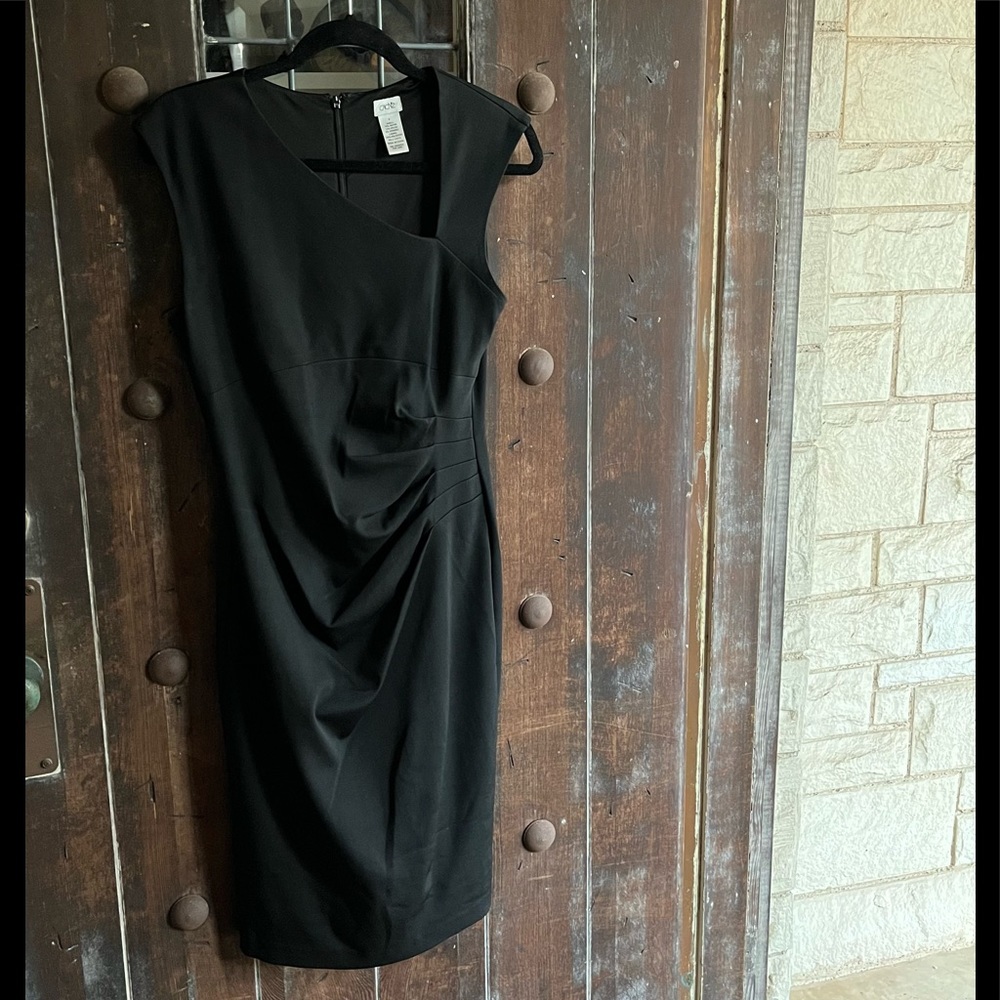 Cache | Sheath Dress Asymmetrical Neckline w/ Ruched Waist Stretch